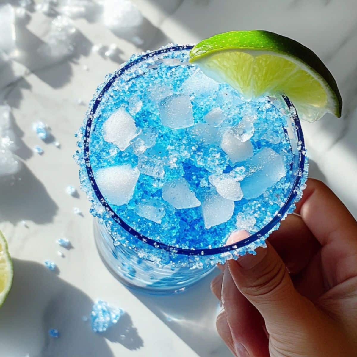 Rimming a tall glass with blue sugar and sea salt before making a mermaid cocktail. Natural kitchen setting, white counter.