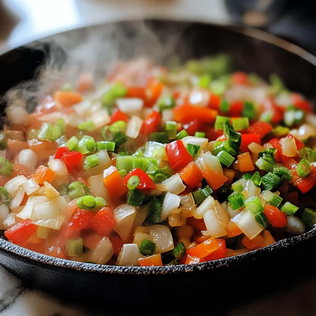 Sautéed onions and peppers in a skillet for a homemade frittata recipe, lightly cooked and fragrant.