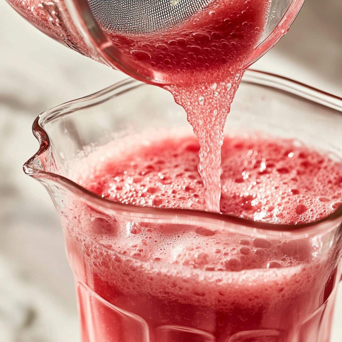 Strained watermelon juice poured into glass pitcher with light froth. Fresh, smooth, and ready to chill.