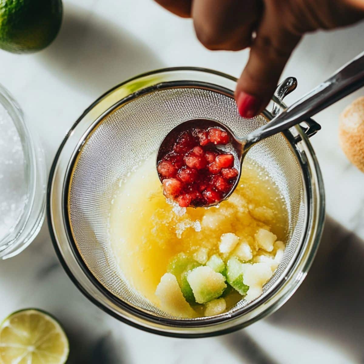 Straining blended fruit through a mesh sieve into a pitcher. Homemade agua fresca in progress on white counter.