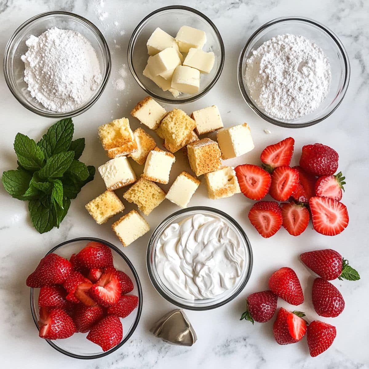Overhead shot of ingredients for strawberry shortcake trifle on white counter, including cake cubes, berries, and cream
