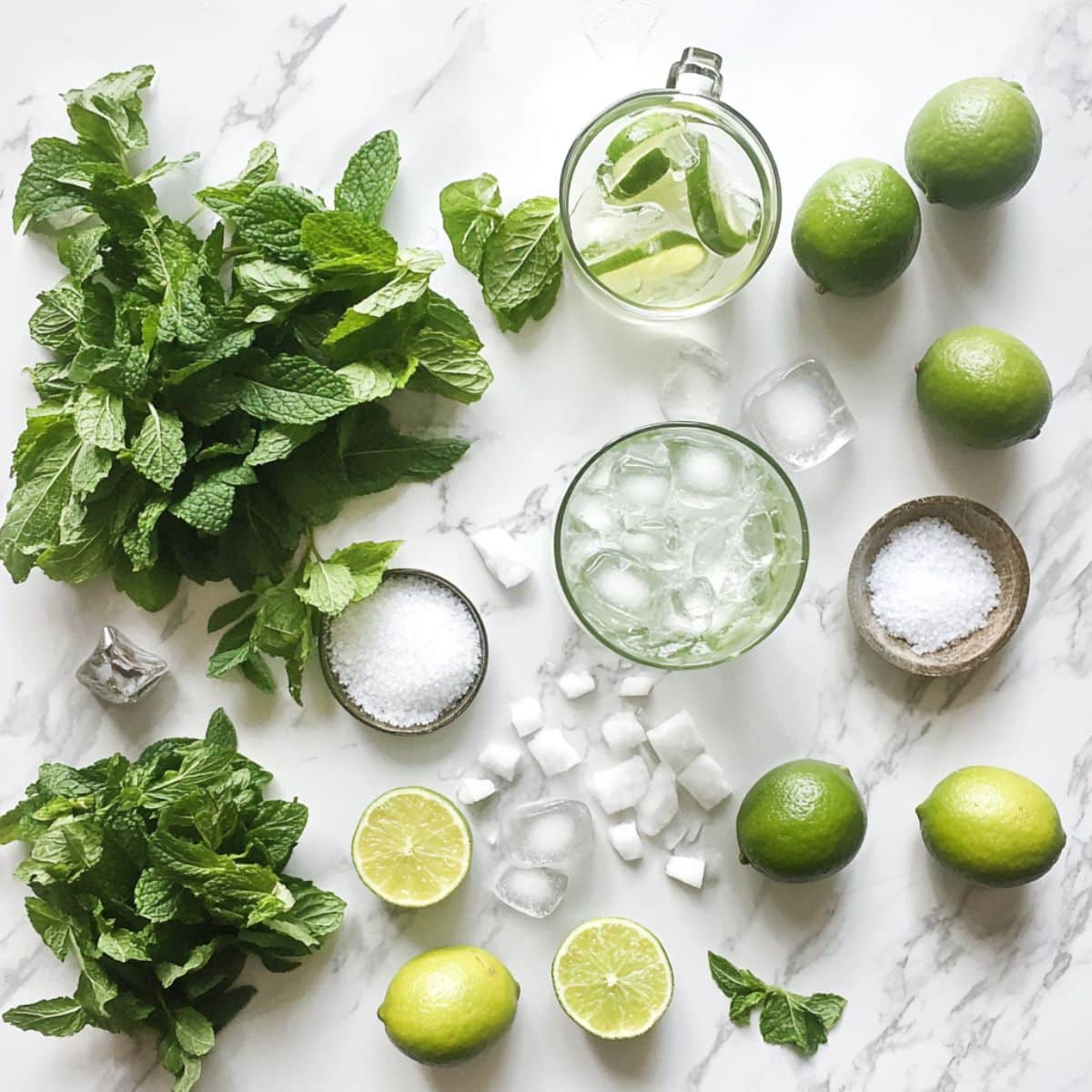 ingredients for virgin mojito on a white kitchen counter. Includes fresh mint, lime, sugar, and sparkling water in natural light.