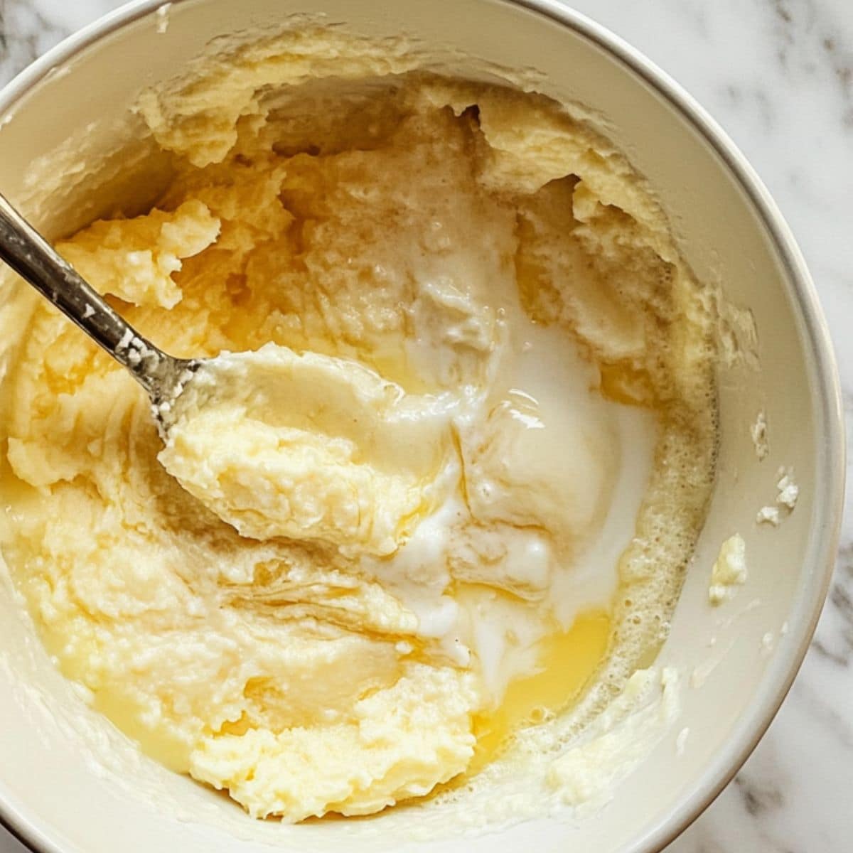 Wet banana pancake ingredients mixed in a large bowl with milk, eggs, and mashed banana.