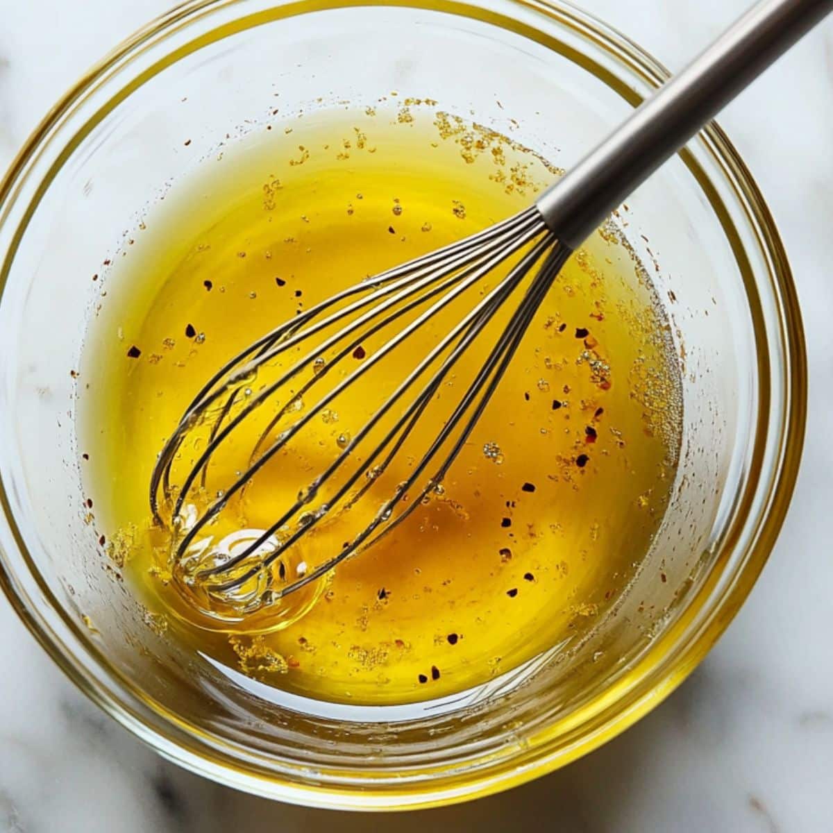 Lime juice, honey, and olive oil being whisked in a small glass bowl on marble. Homemade salad dressing in the making.