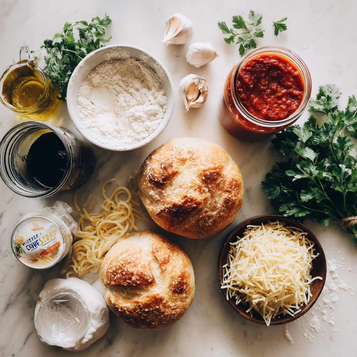 All ingredients for bread bowl recipe laid out on kitchen counter including flour, yeast, pasta, and cheese.