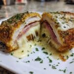 Sliced chicken cordon bleu with melted cheese and ham topped in creamy Dijon sauce.
