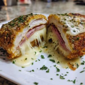 Sliced chicken cordon bleu with melted cheese and ham topped in creamy Dijon sauce.