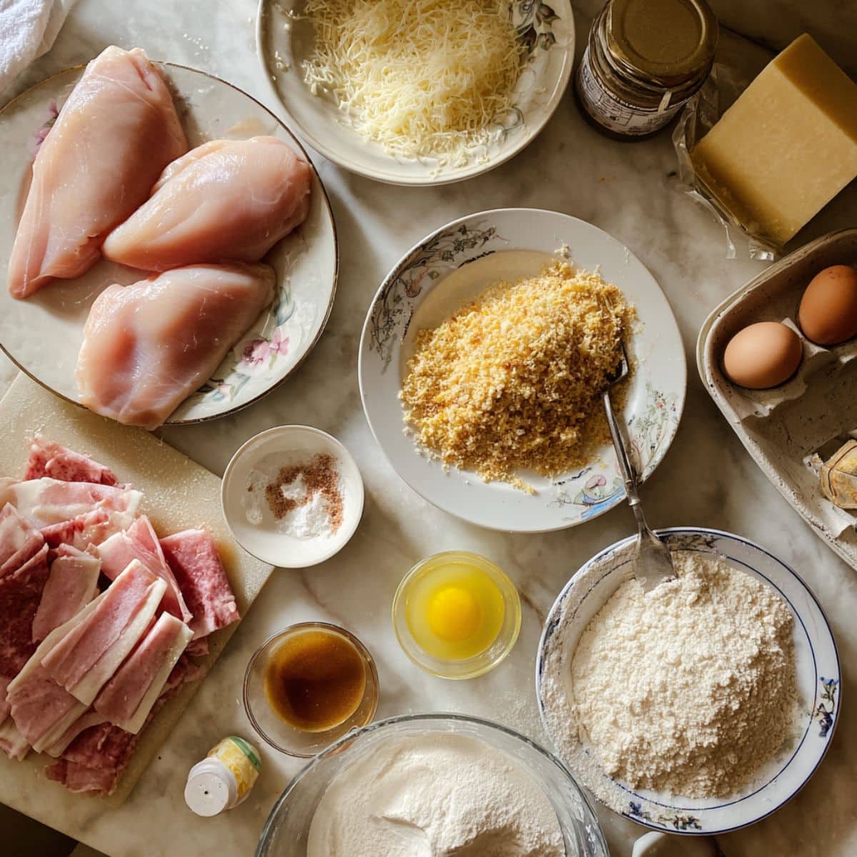 All chicken cordon bleu ingredients on a white kitchen counter.