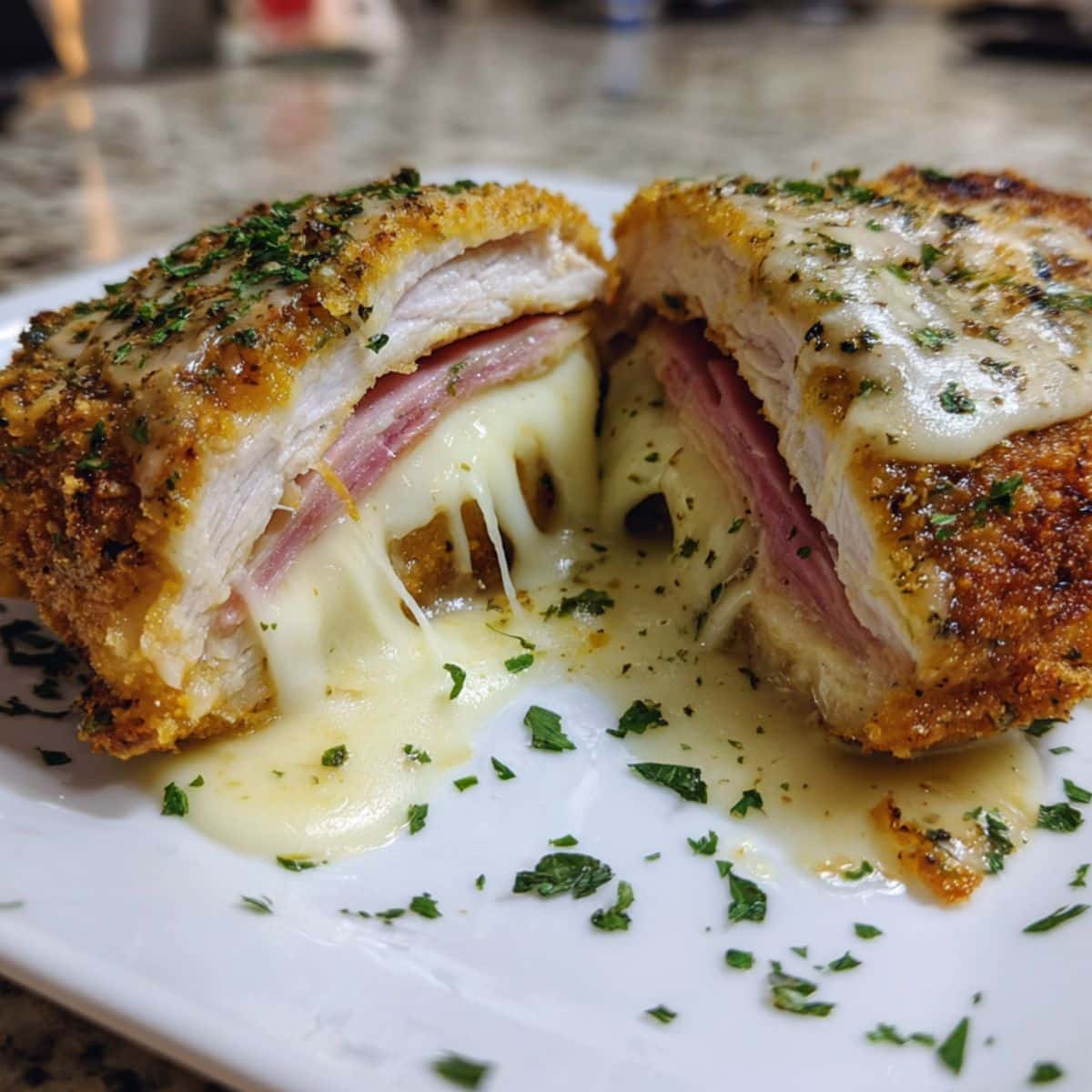 Sliced chicken cordon bleu with melted cheese and ham topped in creamy Dijon sauce.