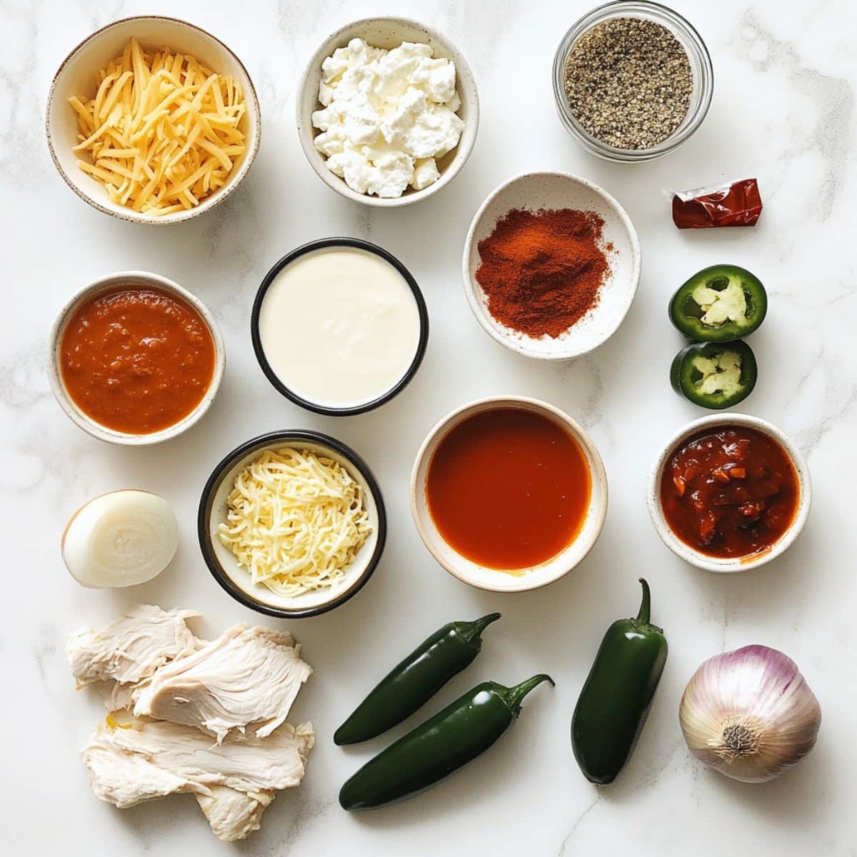 All ingredients for chicken enchilada soup displayed on a kitchen counter. Natural homemade cooking setup.