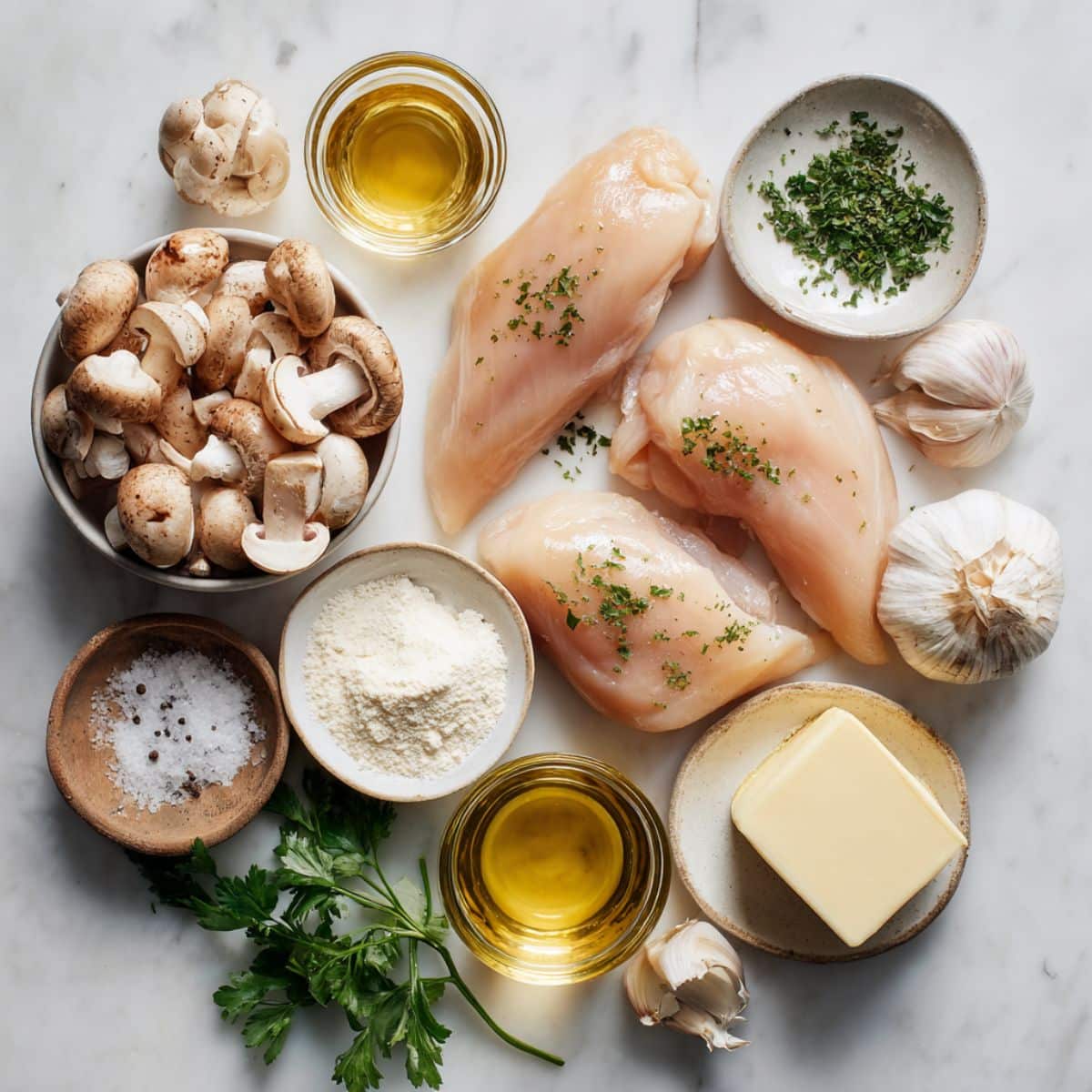 Flat lay of all chicken marsala ingredients on a white counter. Includes mushrooms, wine, chicken, herbs, and pantry staples.