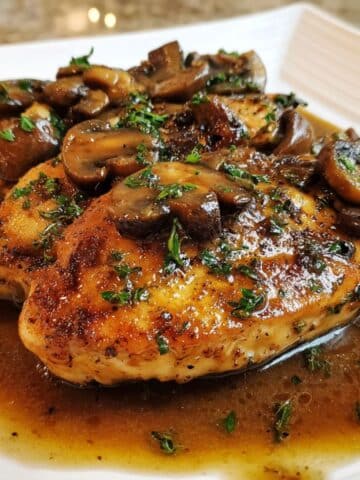 Golden seared chicken marsala with mushroom wine sauce on white plate.