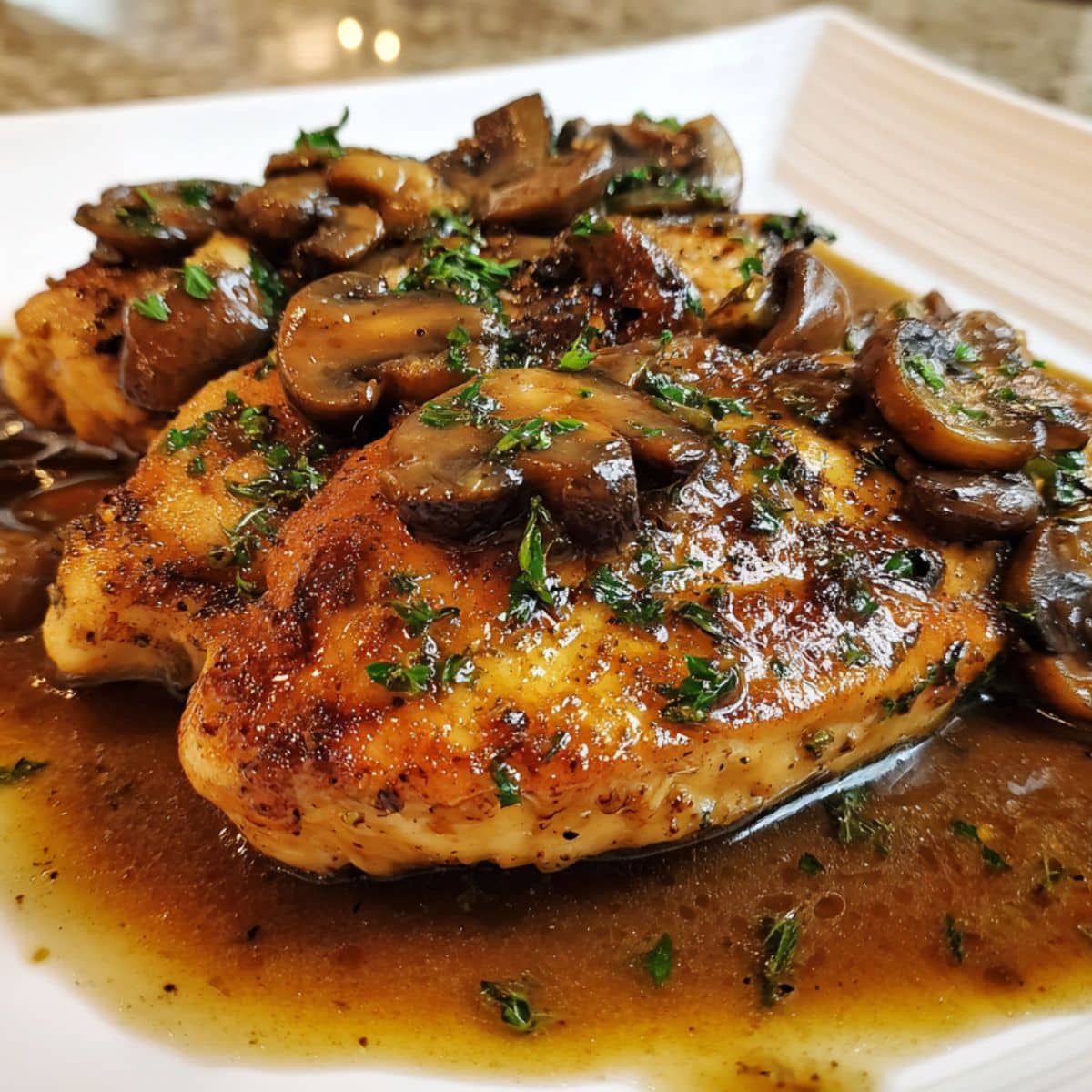 Golden seared chicken marsala with mushroom wine sauce on white plate.