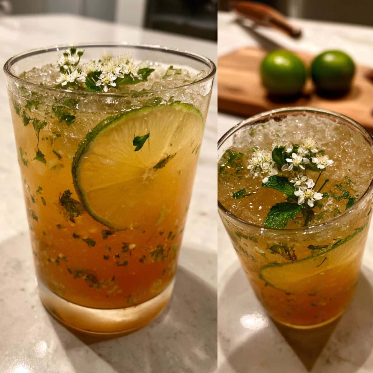 Overhead view of apple cider vinegar drink with lemon, honey, and vinegar on a white counter. Homemade, real-style wellness morning tonic.