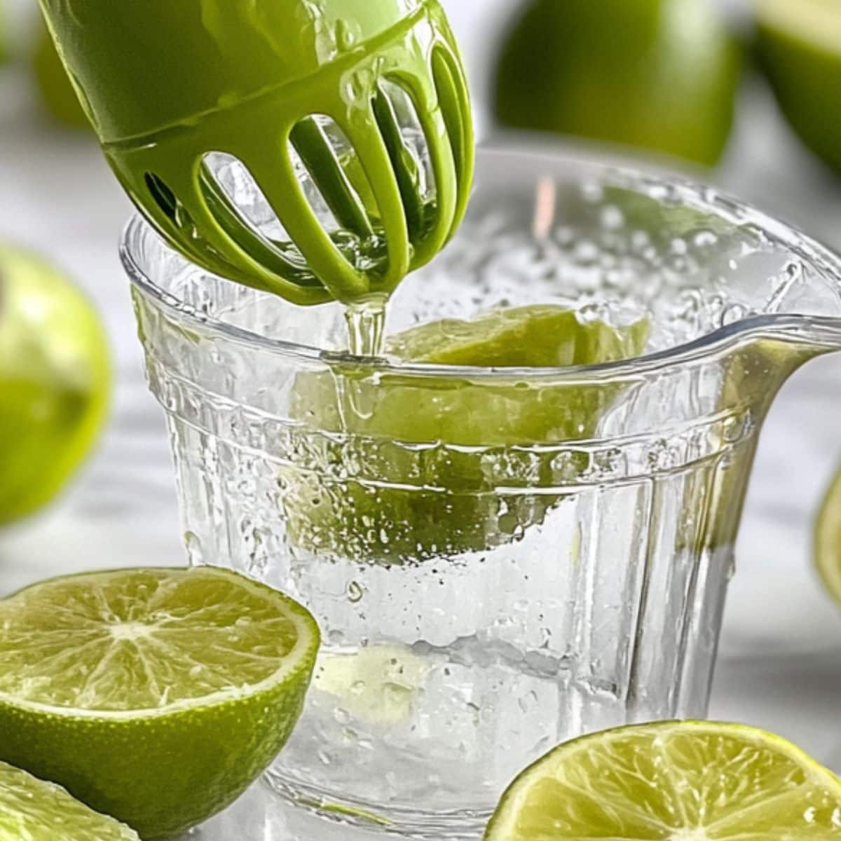 Juicing fresh limes by hand for cherry limeade. Lime juice collecting in a glass cup on white counter.