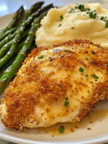 Homemade Longhorn Parmesan Crusted Chicken with golden cheese topping served with asparagus and mashed potatoes.