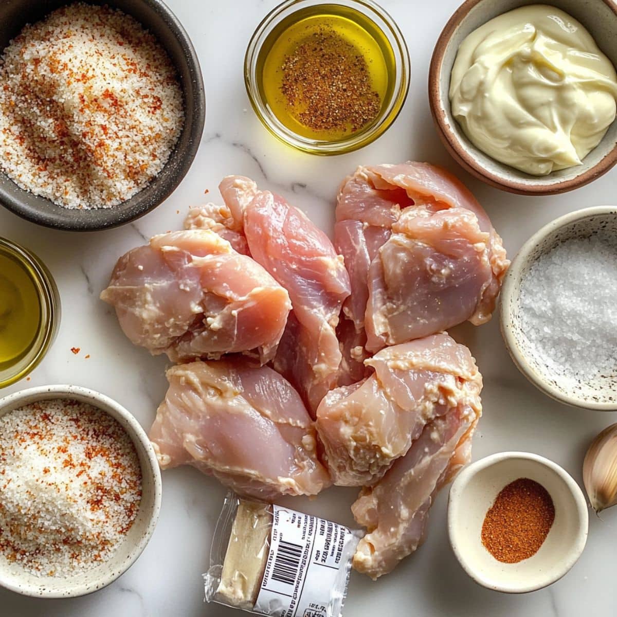 All ingredients for Longhorn Parmesan Crusted Chicken laid out on a white kitchen counter.