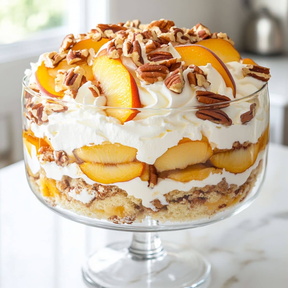 Peach trifle topped with thick whipped cream and toasted pecans. Luscious layers of peaches, cake, and cream inside a clear bowl.