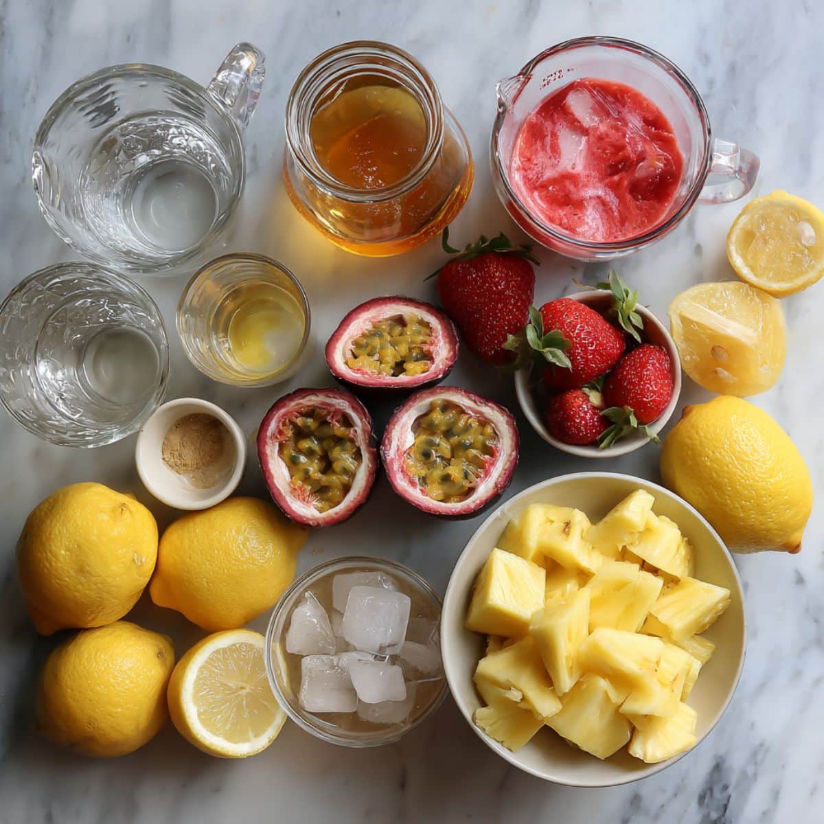 Fresh tropical ingredients for pineapple passionfruit lemonade laid out on kitchen counter. Pineapple chunks, halved passionfruit, lemons, and honey for homemade Starbucks copycat recipe.