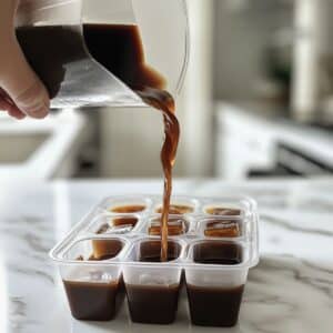 Pouring leftover coffee into an ice tray to make coffee cubes. Prevents watery iced coffee like in Starbucks drinks.
