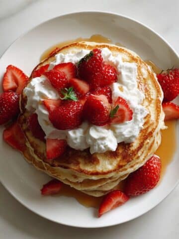 Fluffy strawberry pancakes topped with fresh berries and syrup.