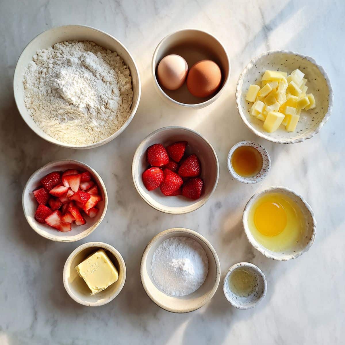 All ingredients for strawberry pancakes laid out on a white kitchen counter.