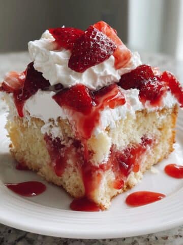 Close-up of a juicy strawberry poke cake slice with jello swirls, whipped cream, and fresh strawberries on a white plate. Close-up of a juicy strawberry poke cake slice with jello swirls, whipped cream, and fresh strawberries on a white plate.