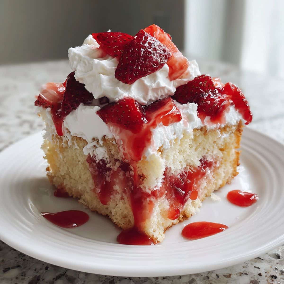Close-up of a juicy strawberry poke cake slice with jello swirls, whipped cream, and fresh strawberries on a white plate. Close-up of a juicy strawberry poke cake slice with jello swirls, whipped cream, and fresh strawberries on a white plate.