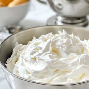 Egg whites whipped to stiff glossy peaks in a mixing bowl for fluffy blueberry cloud bread.