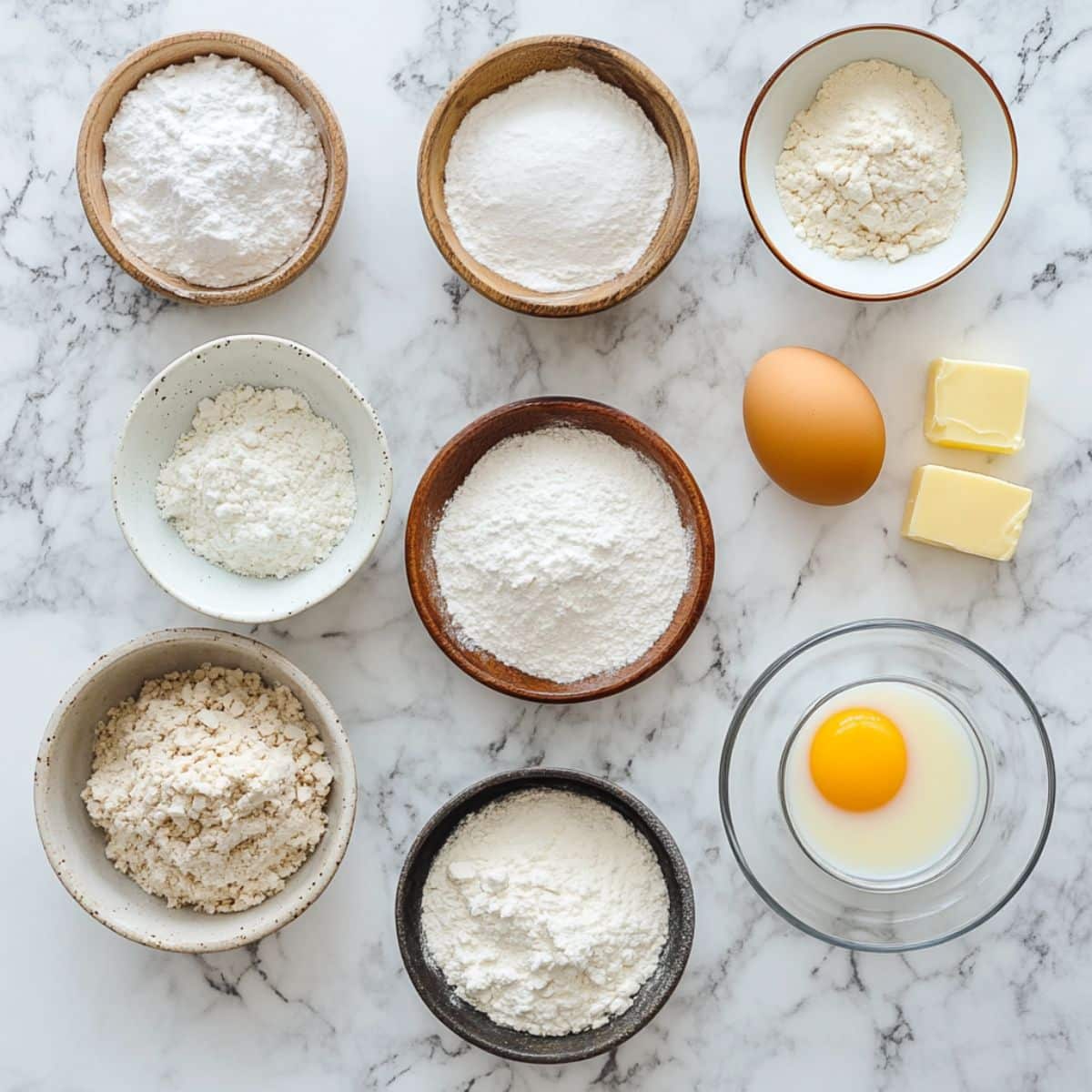 All ingredients for almond flour pancakes arranged in bowls. Almond flour, eggs, milk and more on a real kitchen counter.