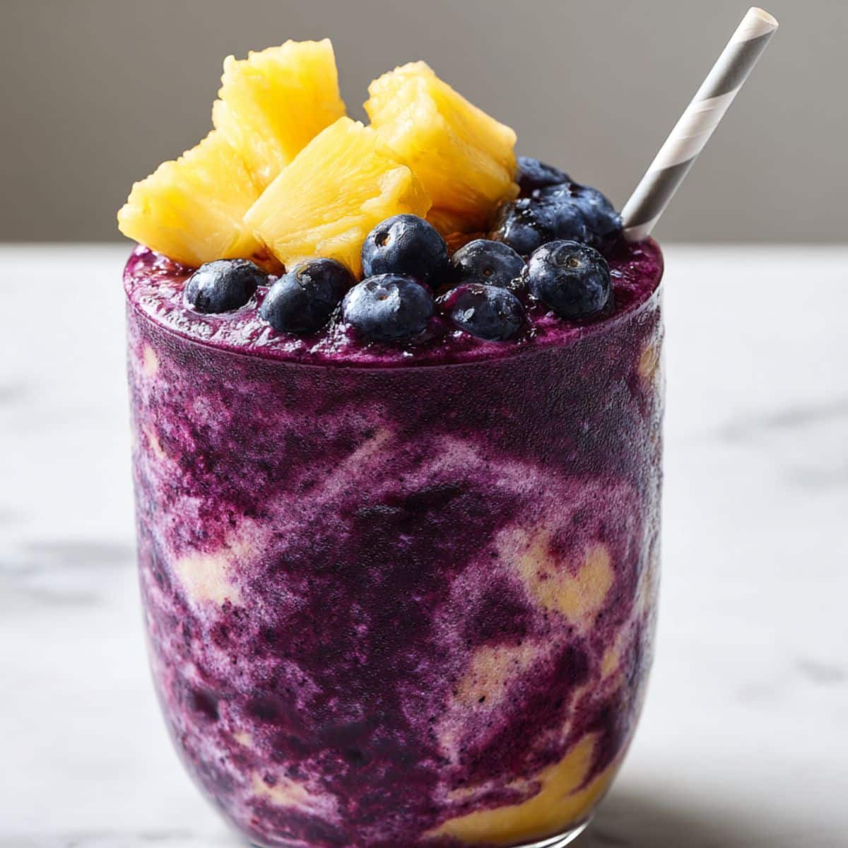 Vibrant blueberry and pineapple smoothie swirled in a clear glass, topped with fresh pineapple chunks and blueberries, set on a white marble kitchen counter for a refreshing, juicy close-up.
