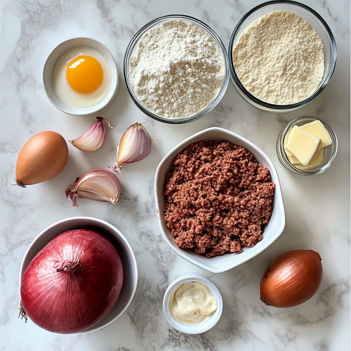 All ingredients for Amish hamburger steak bake laid out on a white kitchen counter. Includes beef, onion, cream, broth, and seasonings.