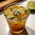 Homemade apple cider vinegar drink with crushed ice, lime slices, and mint on a white counter. Real kitchen feel, fresh and natural morning tonic.