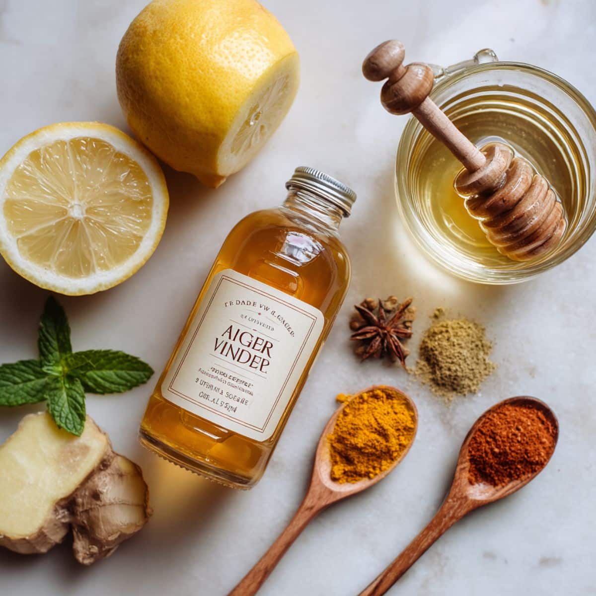 All ingredients for apple cider vinegar drink laid out on a white counter. Real-life prep with lemon, honey, spices, and ACV.