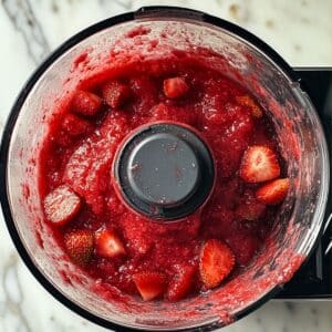 Strawberry puree in a food processor during blending. Smooth sorbet base in the making with real kitchen texture.