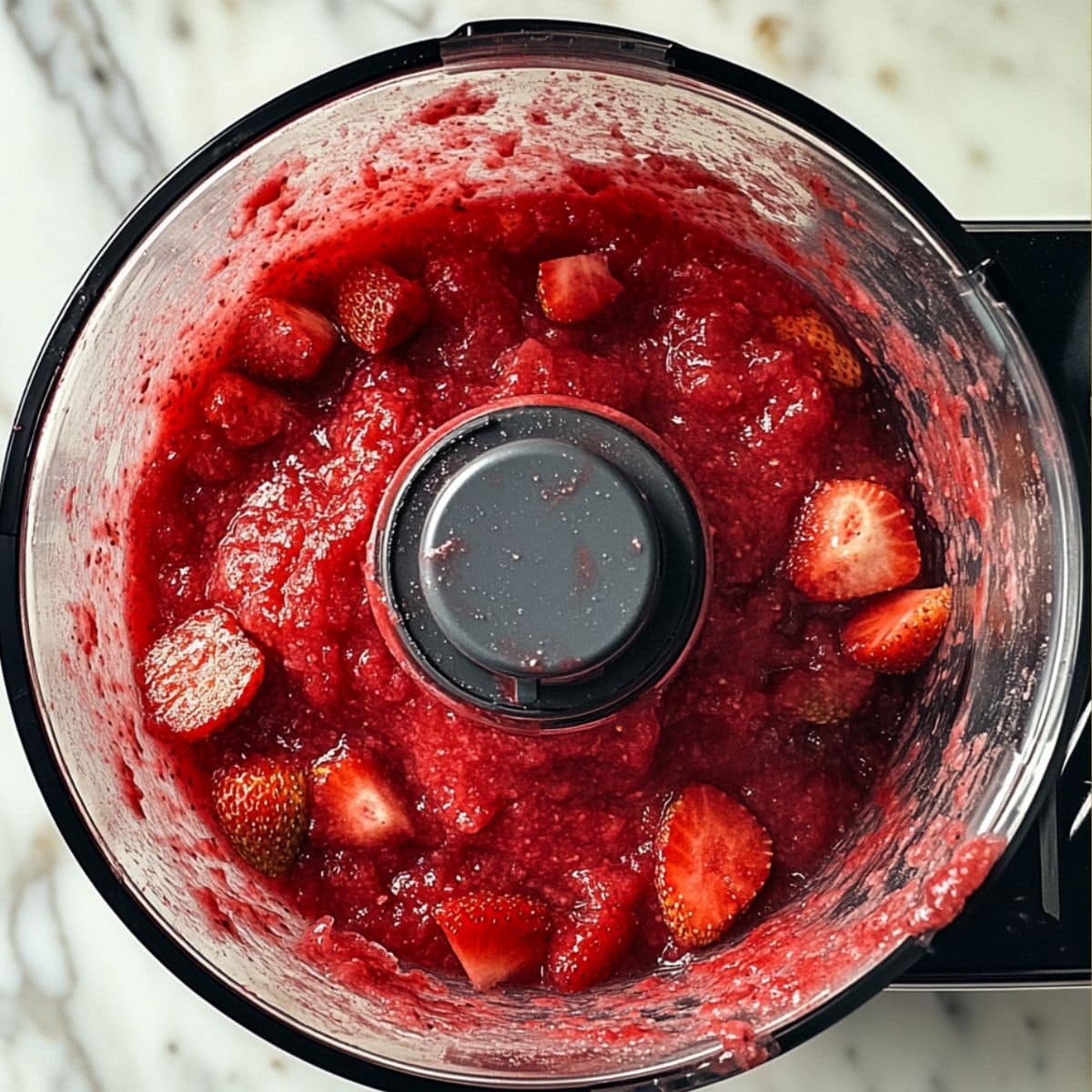 Strawberry puree in a food processor during blending. Smooth sorbet base in the making with real kitchen texture.