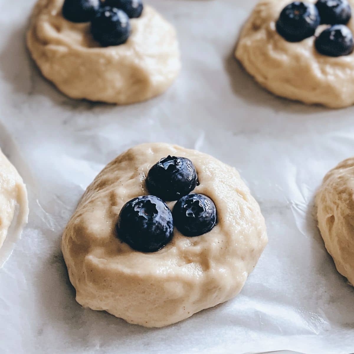 blueberry cloud bread batter with blueberries spooned into round mounds on parchment-lined tray.