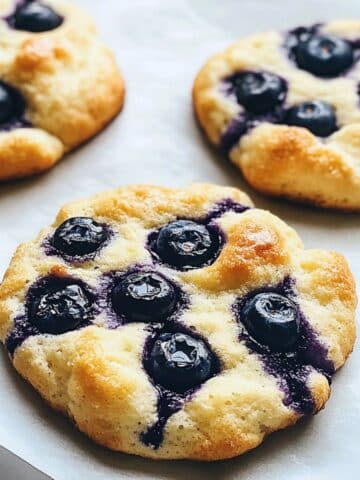 Blueberry fluffy cottage cheese cloud bread freshly baked with golden edges and juicy blueberries on top.