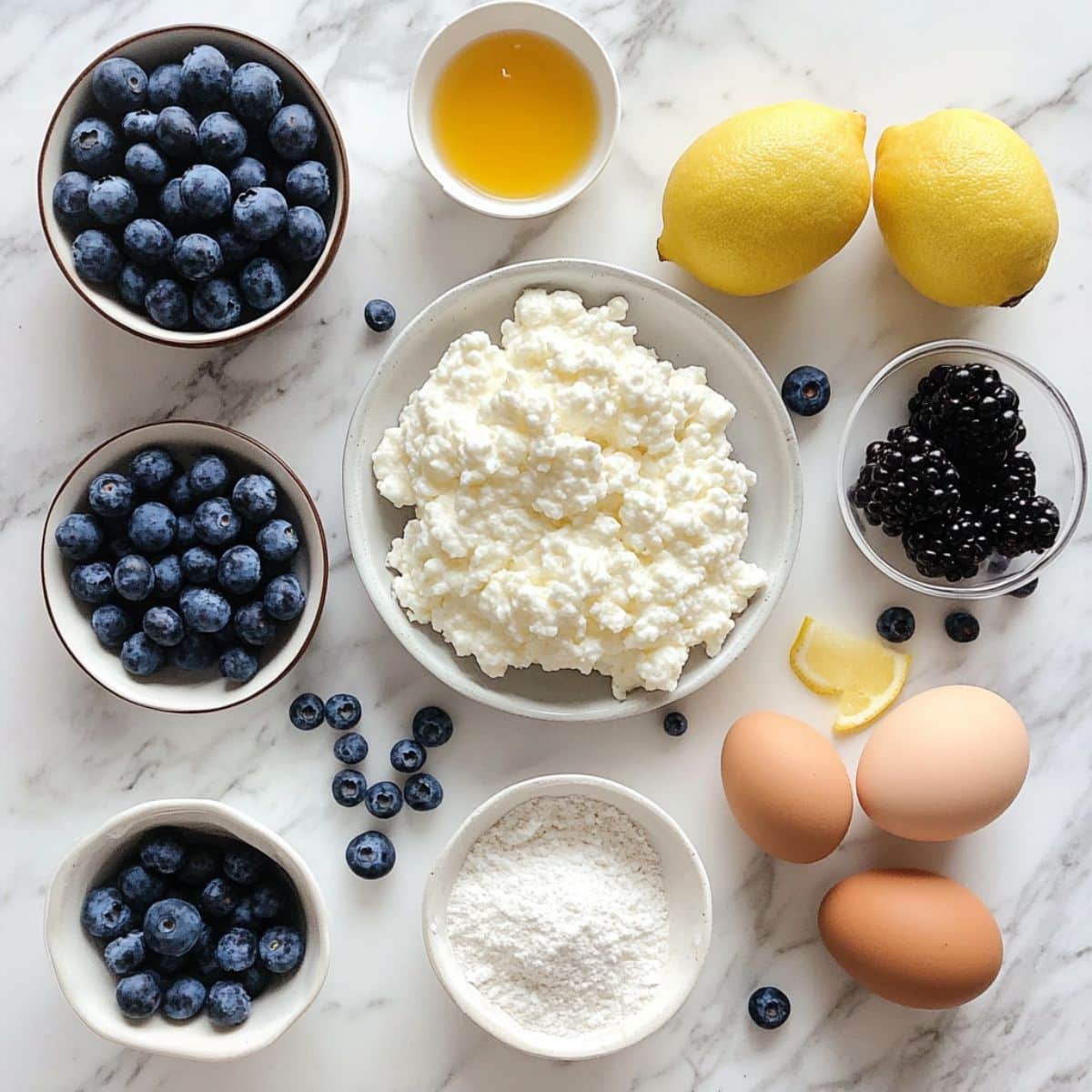 All ingredients for blueberry fluffy cottage cheese cloud bread on white counter. Includes eggs, blueberries, cottage cheese, and vanilla.