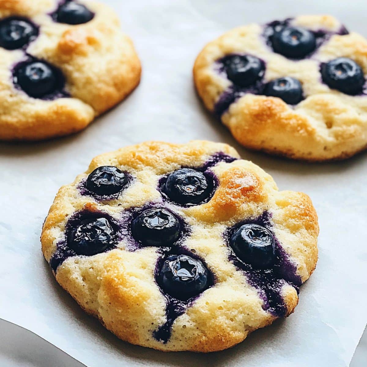 Blueberry fluffy cottage cheese cloud bread freshly baked with golden edges and juicy blueberries on top.