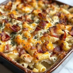 Homemade chicken bacon ranch casserole baked golden in a casserole dish. Crispy bacon and gooey cheese topping on creamy ranch pasta.