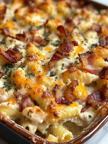 Homemade chicken bacon ranch casserole baked golden in a casserole dish. Crispy bacon and gooey cheese topping on creamy ranch pasta.