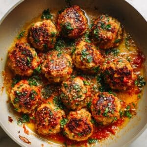 Close-up of golden chicken meatballs in bubbling marinara sauce with parsley.