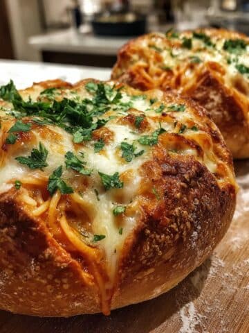 Homemade bread bowl recipe filled with cheesy pasta and marinara sauce on kitchen counter.