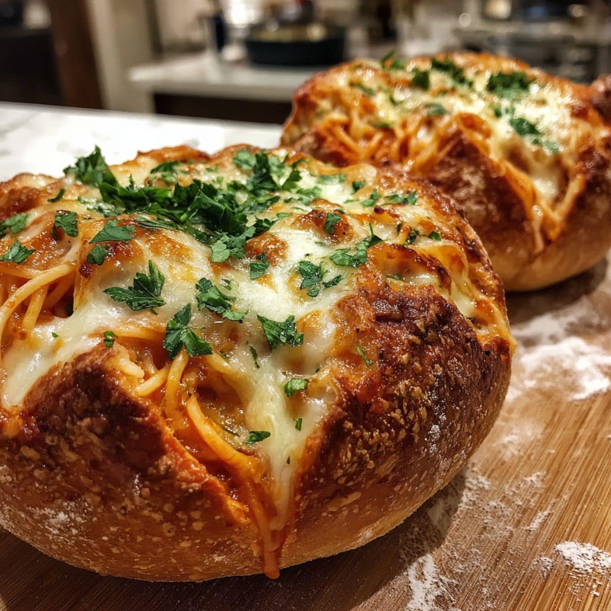Homemade bread bowl recipe filled with cheesy pasta and marinara sauce on kitchen counter.
