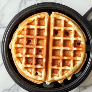 Golden waffle cooking in a waffle maker. Light steam rising, ready for berry topping.