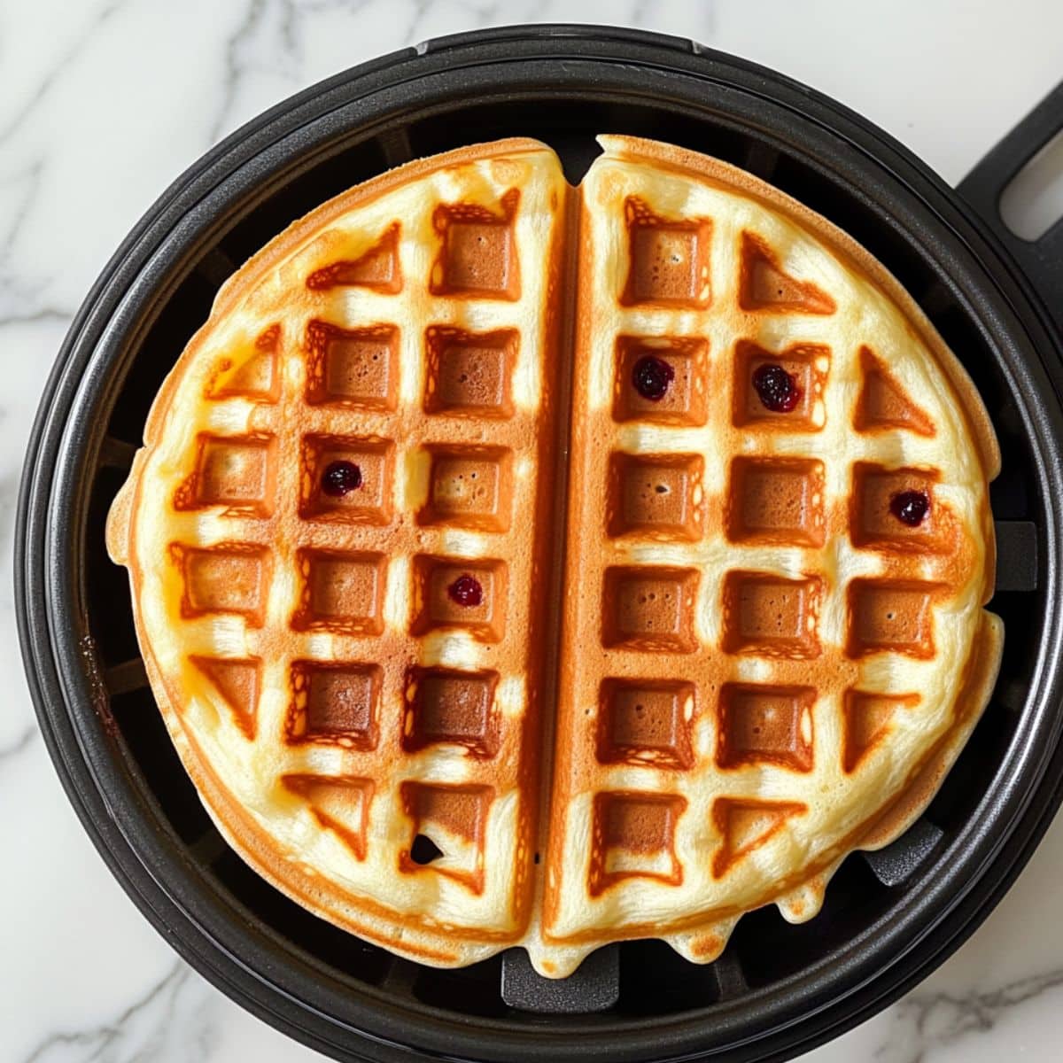 Golden waffle cooking in a waffle maker. Light steam rising, ready for berry topping.