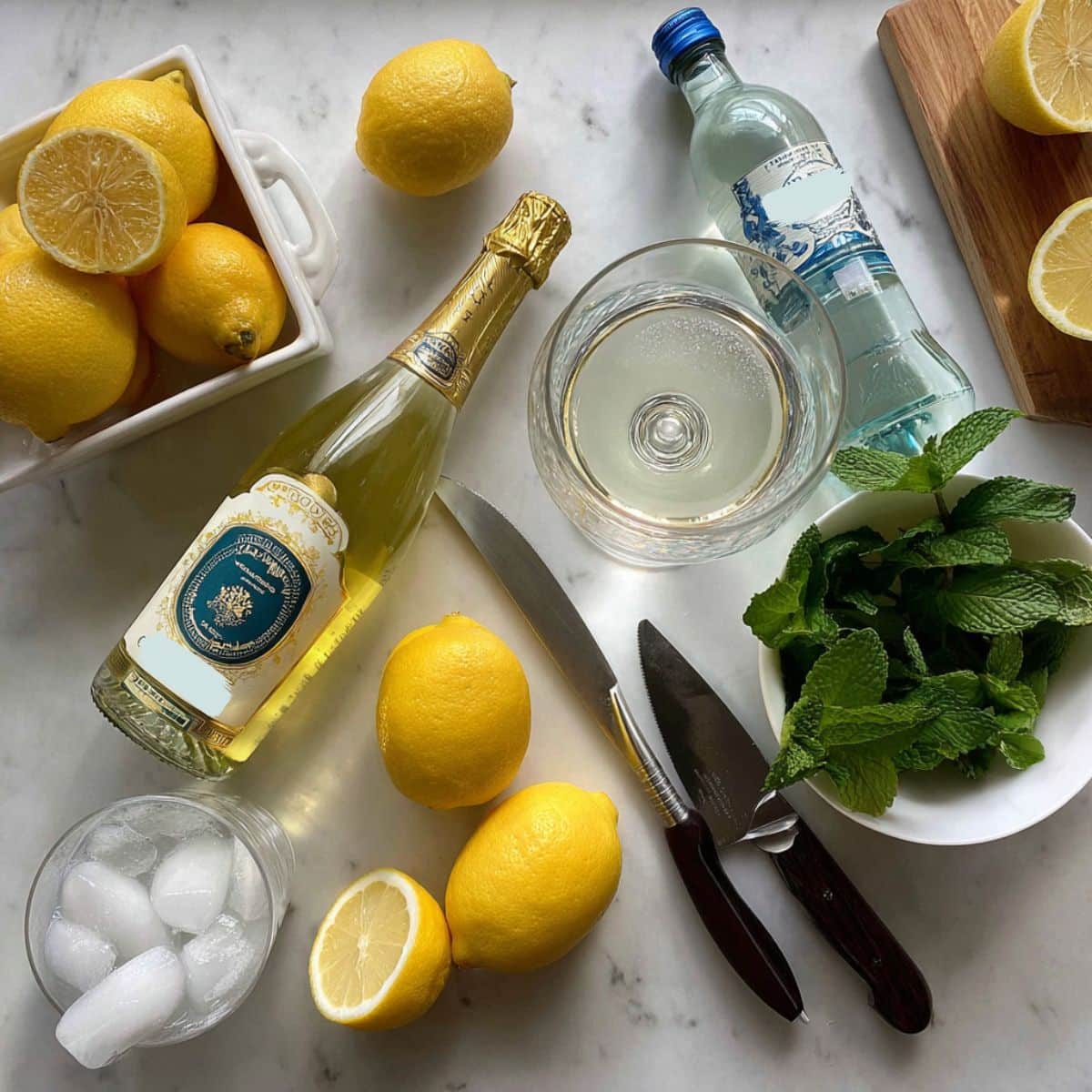 Limoncello spritz ingredients on a white counter including prosecco, limoncello, lemon, mint, ice, and wine glass.