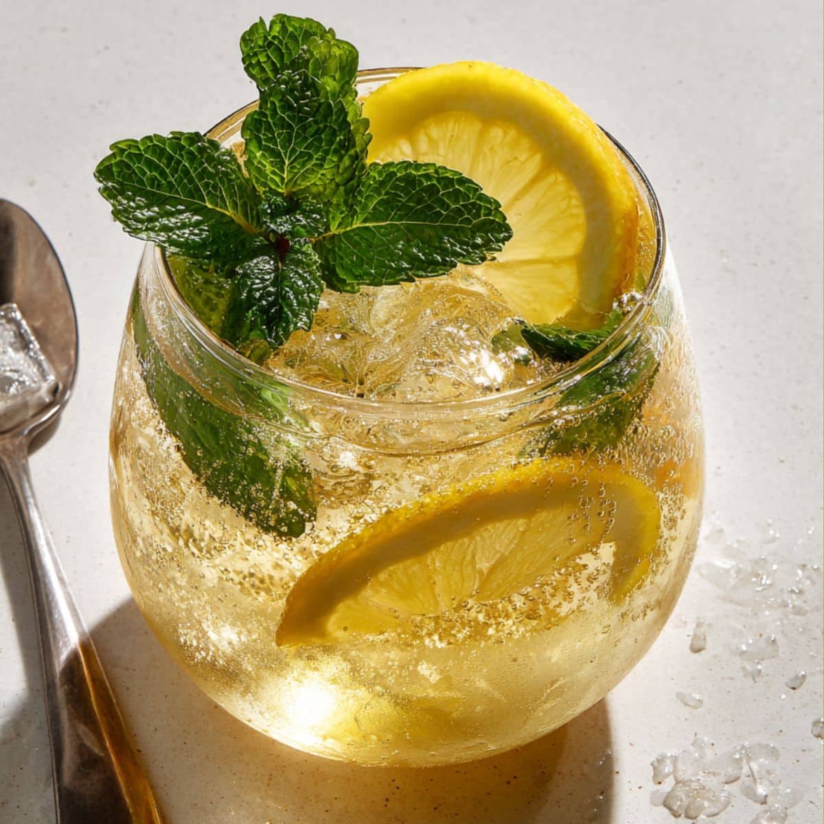 Limoncello spritz cocktail with crushed ice, lemon slices, and fresh mint in a wine glass.