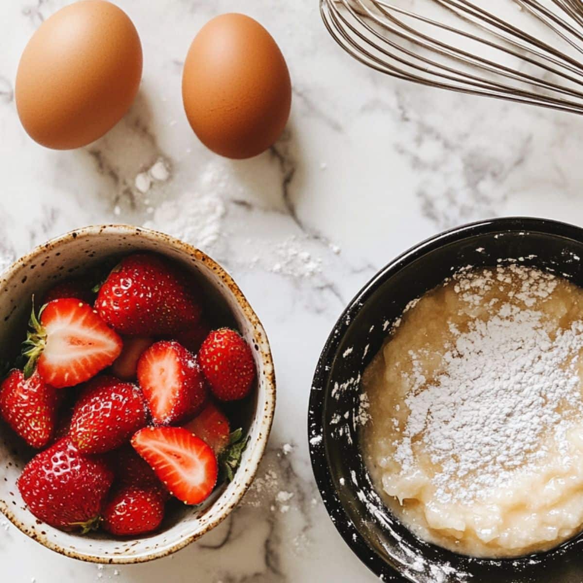 Juicy macerated strawberries and fresh strawberry waffles batter in bowls. Step-by-step prep on white counter.